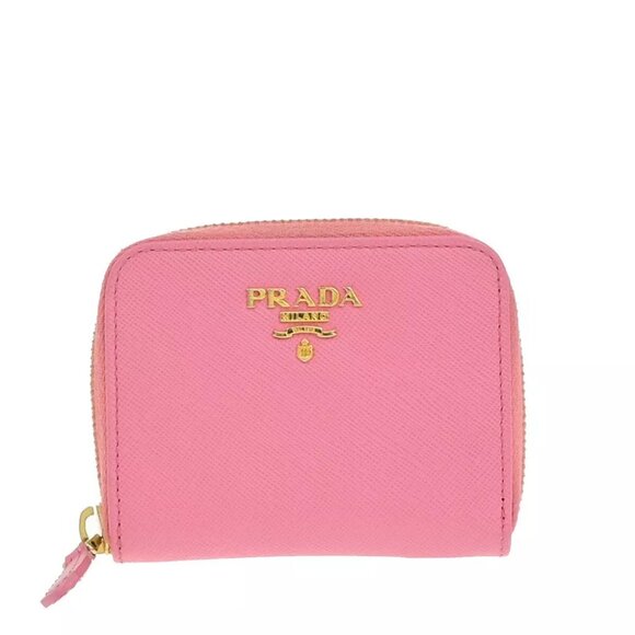 PRADA Logo Mini Zipper Around Compact Wallet Saffiano Leather Pink GHW - Picture 1 of 14